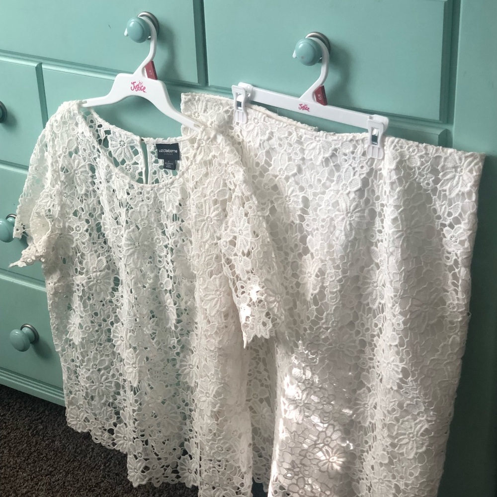 White lace top and skirt.